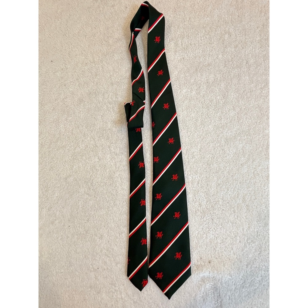 Tootal Mens Tie Green Red White Striped Welsh Dragon Embroidered Made in Wales